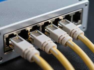 Extreme close-up of enterprise network switch ports with RJ45 cables inserted, studio strobe lighting isolating the metal chassis against a dark background, sharp focus on connector details