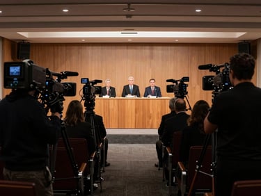 Vista en perspectiva desde la parte trasera de una sala de prensa solemne durante una conferencia de alta importancia, siluetas de cámaras de televisión a los lados, atril iluminado al fondo.