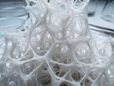 Extreme close-up of a synthetic polymer biomaterial structure under cool clinical white light, sterile laboratory environment, macro lens, 35mm