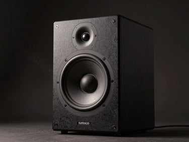 Macro studio render of a high-end audio speaker, dramatic side chiaroscuro lighting, floating dust motes.