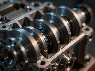 Macro close-up of a complex mechanical engine part, dramatic chiaroscuro lighting, subtle blue rim light highlighting the precise CAD-engineered metallic edges.