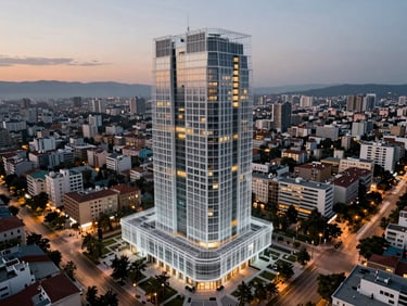 Before and after comparison of CGI integration, a wireframe mesh of a luxury building blending into a real twilight drone photo of Sofia.