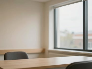 A quiet, warm-toned administrative office in a modern hospice facility, soft overcast light through a window, shallow depth of field