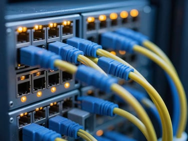 Macro close-up of organized blue and yellow fiber-optic cabling bundles plugged into a high-density server switch, amber indicator lights blinking, shallow depth of field