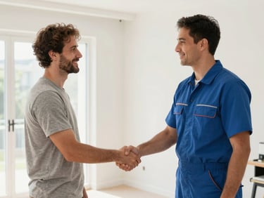Technician shaking hands with a satisfied homeowner after a completed repair, bright natural daylight, clean modern home interior.