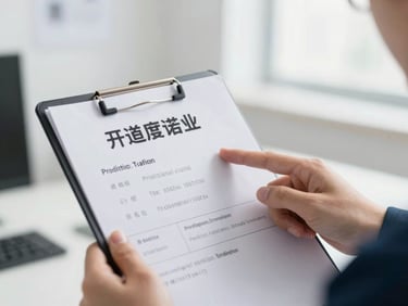 Close-up of a technician's hand pointing to a valid professional license displayed on a clipboard, bright indoor lighting, crisp focus.