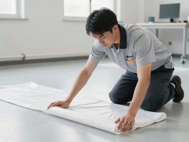 Technician in branded uniform carefully laying down a protective mat on a clean floor before starting work, bright indoor lighting, medium shot.