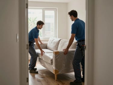 Medium-wide shot of two workers carefully maneuvering a wrapped sofa through a narrow apartment doorway, natural window light from the corridor, cardboard corner protectors visible on the furniture edges