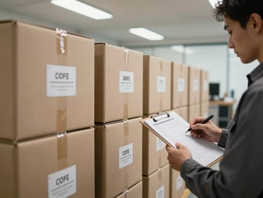 Environmental shot of stacked and labelled office boxes lined up in a corridor under fluorescent and daylight mix, a worker with an inventory clipboard checking items against a list, practical work-site conditions