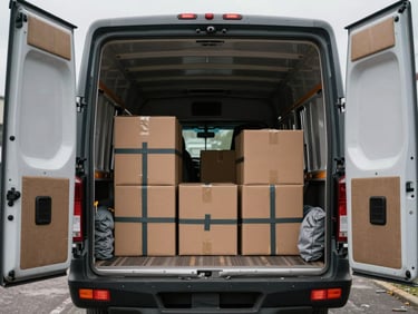 Wide shot of the interior of a loaded moving truck, boxes secured with straps and padding filling the cargo space, rear doors open to an overcast exterior, tools and blankets visible at the sides