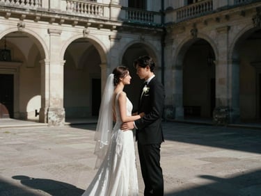 Cinematic wedding portrait, a couple sharing a quiet moment in a historic European courtyard, high-contrast natural light, deep shadows