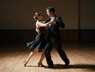 Motion blur of a couple dancing on a dimly lit dance floor, warm ambient light, cinematic film frame, high contrast