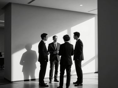 Candid corporate interaction under crisp ambient light, business professionals discussing in a modern minimalist hall, high-contrast black and white