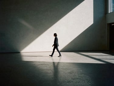Cinematic high-contrast editorial photography, a solitary figure walking through a grand architectural gallery with dramatic shadows and sharp light beams, 35mm film format