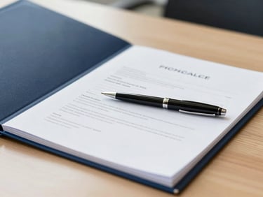 Close-up of loan documents and a pen on a polished desk under clean office lighting, deep navy folder visible at left edge, sharp corporate photography