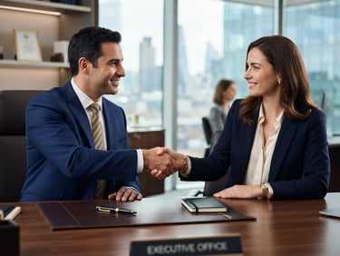 professional handshake across a desk, clean indoor office lighting, deep navy tones, sharp 50mm