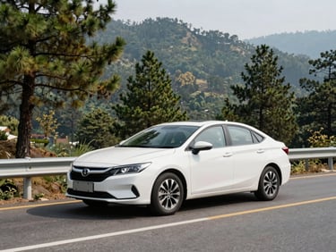 A clean white sedan driving along a winding mountain highway surrounded by lush pine trees, Mussoorie hills in the background.