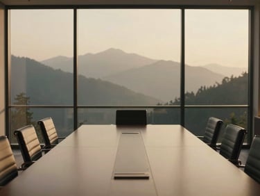 Cinematic wide shot of a modern glass boardroom overlooking a misty mountain range, warm lighting, sophisticated corporate aesthetic.