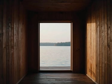Atmospheric shot of a minimalist wooden spa room with a large window facing a quiet lake, moody shadows, 35mm film style.