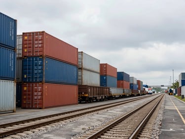 A clean, organized intermodal rail yard with stacked shipping containers under an overcast sky, a freight train loaded with containers stretching into the distance.