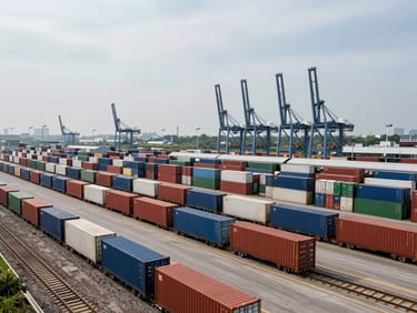Wide panoramic shot of an organized intermodal rail yard under overcast daylight, neat stacks of shipping containers loaded onto flatcars, industrial cranes in the background.
