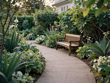 Winding garden path through a well-maintained residential garden, soft afternoon light, lush green foliage, a wooden bench, no people, warm editorial photography, 35mm.