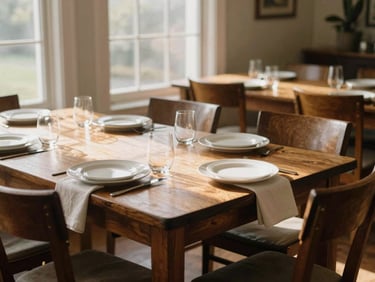 Sunlit communal dining table set with real china, warm natural light streaming through large windows, rich wood table, soft textile napkins, empty chairs awaiting residents, warm editorial photography, soft focus, 35mm.