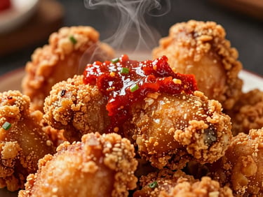 Macro close-up of ultra-crispy fried chicken geprek, golden brown, with vibrant red sambal korek on top, steam rising, warm high-contrast dramatic lighting, shallow depth of field.