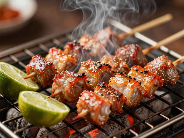 Macro close-up of sizzling Sate Taichan skewers on a charcoal grill, smoke rising, fresh lime wedges beside it, warm dramatic lighting, shallow depth of field.