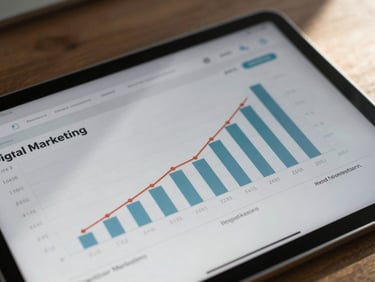 Crisp close-up of a digital marketing dashboard on a tablet showing positive growth metrics, natural daylight, high contrast shadows.