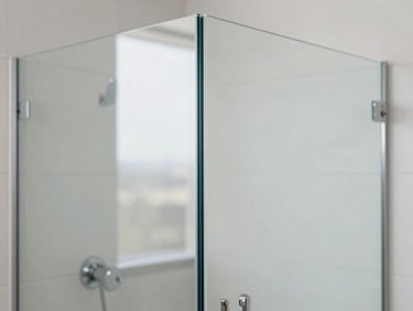 Frameless heavy glass shower enclosure in a modern bathroom, clean tile reflections, bright daylight, macro detail of flawless silicone seal, 35mm
