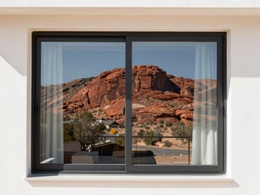 High-performance double-pane window replacement in a modern residence, bright desert daylight, sharp reflection of red rocks, 35mm