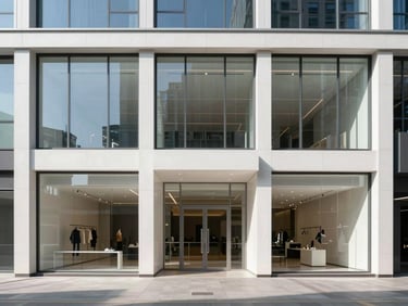 Modern commercial storefront with expansive architectural glazing, clean geometric lines, bright daylight framing a minimalist entrance, 35mm