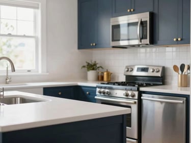 Bright modern kitchen in a Nashville home, clean white countertops, stainless steel appliances, natural daylight, tidy and organized, sharp focus