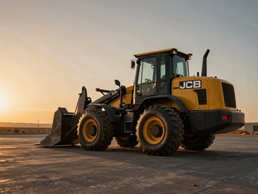 A modern JCB backhoe loader parked on a clean concrete pad, high-contrast warm and dark tones