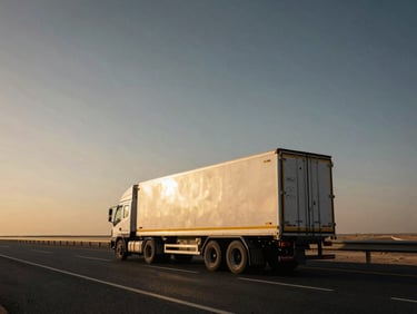 A heavy low-bed trailer transport truck on a wide UAE highway, low horizon, expansive sky