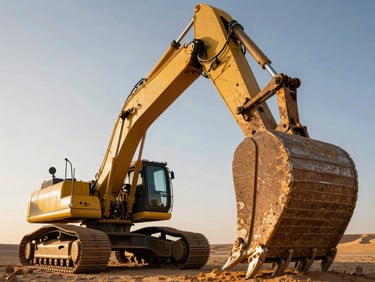 Low-angle shot of a massive crawler excavator bucket teeth, catching bright desert daylight, pristine machinery detail