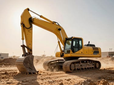 A clean, modern yellow excavator working on a major infrastructure site in Dubai, high-contrast morning light, dust catching the sun.