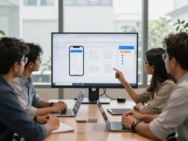 A collaborative meeting in a bright Pune office, developers discussing a mobile app wireframe on a large monitor, natural daylight, professional and focused atmosphere.