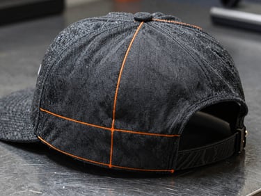 Macro close-up of a structured charcoal gray cap crown resting on a dark steel workbench, with a sharp digital orange grid highlighting the embroidery placement boundaries.