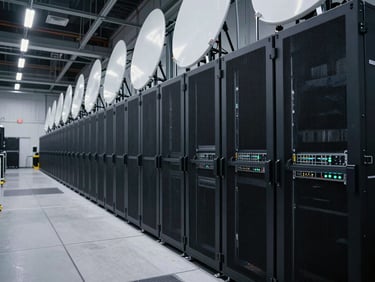 Wide shot of event infrastructure setup: antenna arrays, server racks, and signal distribution hardware mounted in a venue backstage corridor, industrial overhead lighting, no people, bleached cool palette