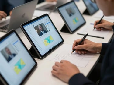 Close-up of hands on tablets at a corporate event registration desk, screens showing live attendee check-in dashboard with entry counts and zone heatmaps, cool fluorescent ambient light, desaturated palette, no posed smiles