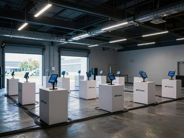Wide environmental shot of a large indoor activation space before doors open, rows of empty branded stations with tablets mounted, overhead practical lighting casting cool blue tones, cables running along the floor in organized conduits