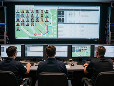 Overhead control booth mid-event with four operators monitoring multiple screens displaying attendee flow maps and registration data, cool blue ambient lighting, cables and server racks visible at edges, desaturated industrial palette