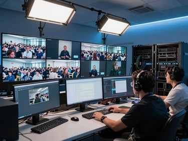 Wide shot of a hybrid event production room, operator at a multi-screen workstation showing simultaneous in-room crowd and remote stream viewer counts, overhead practical lighting, cables and server racks in background, cool blue ambient tone