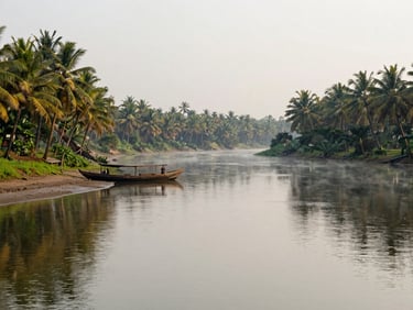 Panoramic river bend in Kerala backwaters at soft morning light, water still and reflective, dense coconut palms on far bank, a wooden country boat moored at a muddy bank in the left third, no people, mist over the water