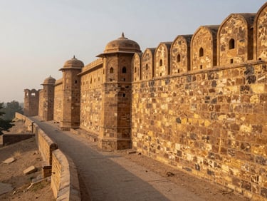 Close wide shot of Rajasthan fort ramparts at early morning, warm golden stone walls catching first light, a narrow lane below leading into shadow, no people, dry desert air visible in the haze