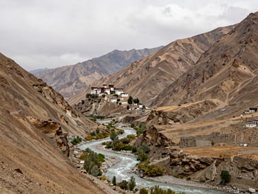 Wide environmental shot of Spiti Valley in Himachal Pradesh, barren ochre-brown hillsides rising steeply on both sides of a narrow river, a monastery perched on a cliff in the far middle distance, overcast diffused light, no people in frame