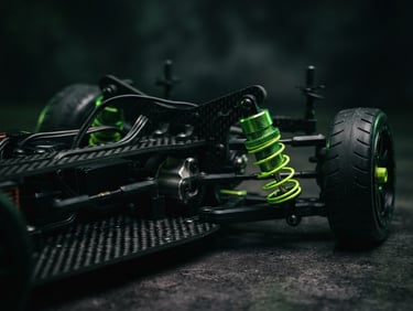 Low-angle close-up of a carbon-fiber RC car chassis with neon green aluminum shocks, dramatic dark studio lighting, high-contrast shadows, 35mm lens