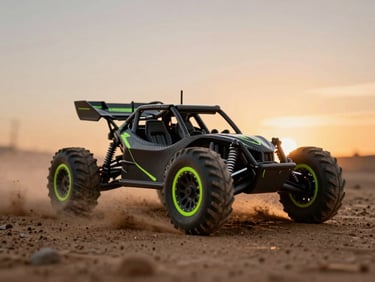 Low-angle action shot of an RC desert buggy kicking up dirt at sunset, high-speed motion blur, dramatic neon green rim lights, 35mm lens